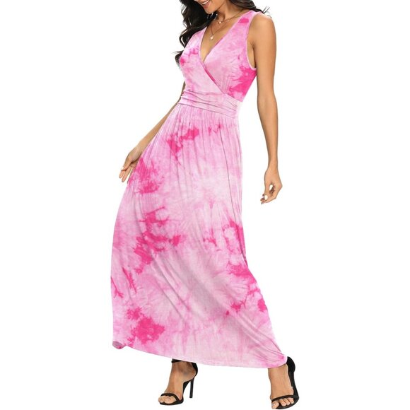 Women Flower Red Deep V Neck Sleeveless Loose Plain Long Maxi Stretchy Dress - Picture 4 of 5